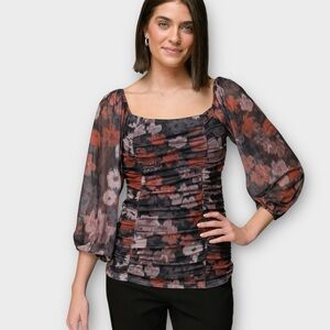 Marissa Olivia Ruched Mesh Floral Blouse